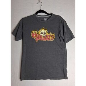 Volcom Mens Graphic T Shirt Skull Flames Logo Gray Modern Fit Size L